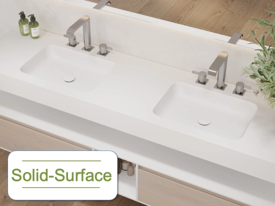 Plan vasque suspendu, double lavabos intégrés au angle arrondi L. 120 à 200 cm x 40 à 60 cm, résine minérale ACRYSTONE®  Finition lisse mate, Livraison Offerte et Rapide.